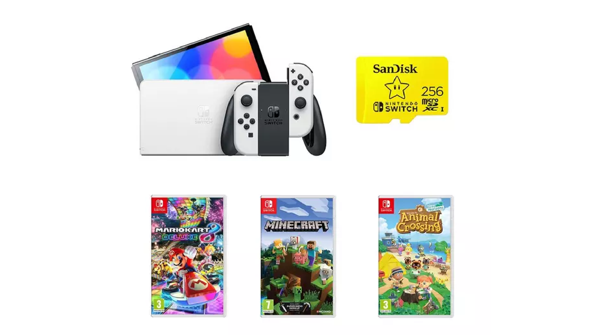 Net this Switch OLED bundle with three games and a 256GB SD Card for